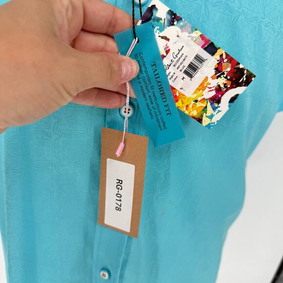 Robert Graham Woven Button Front Short Sleeve Shirt Bozeman Teal Blue  M - Picture 2 of 4
